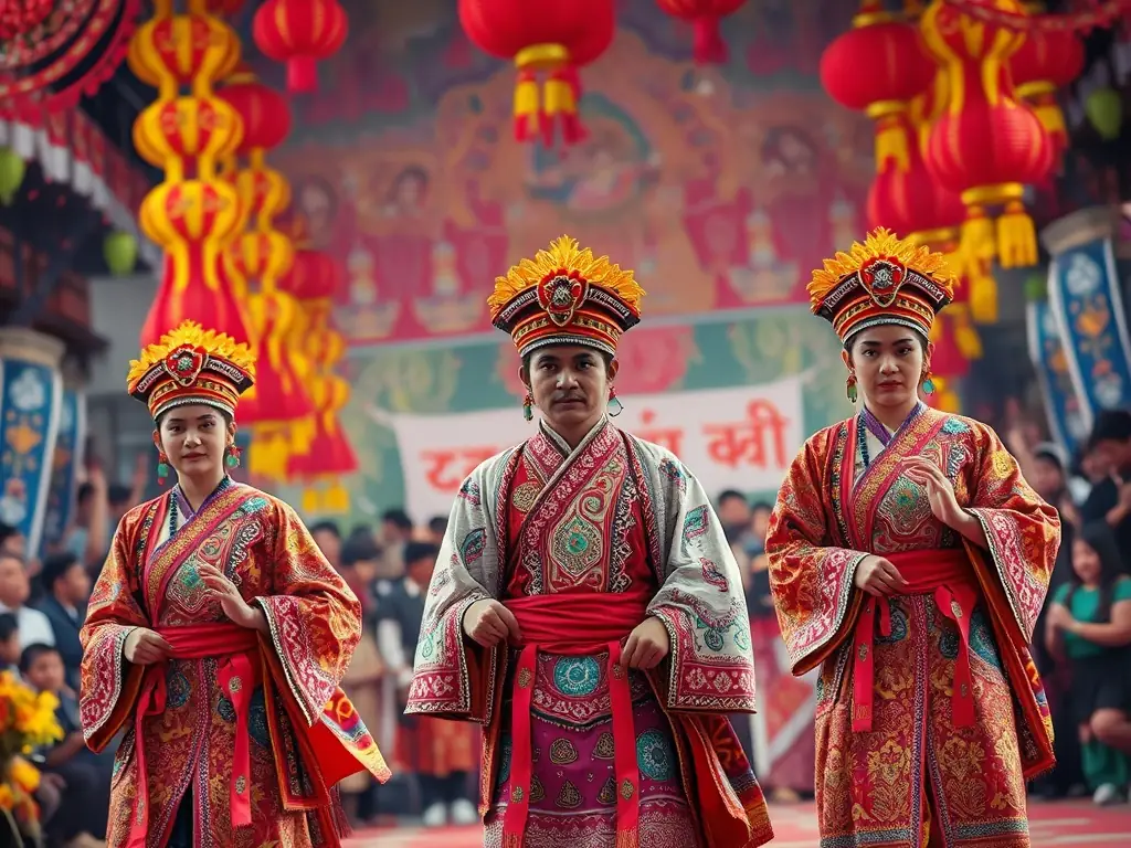 A colorful image showcasing a cultural event organized by ADAM ASSOC DIFFUSION AUDIO VISUEL ET MUSICALE, featuring traditional music, dance, and food from different cultures.
