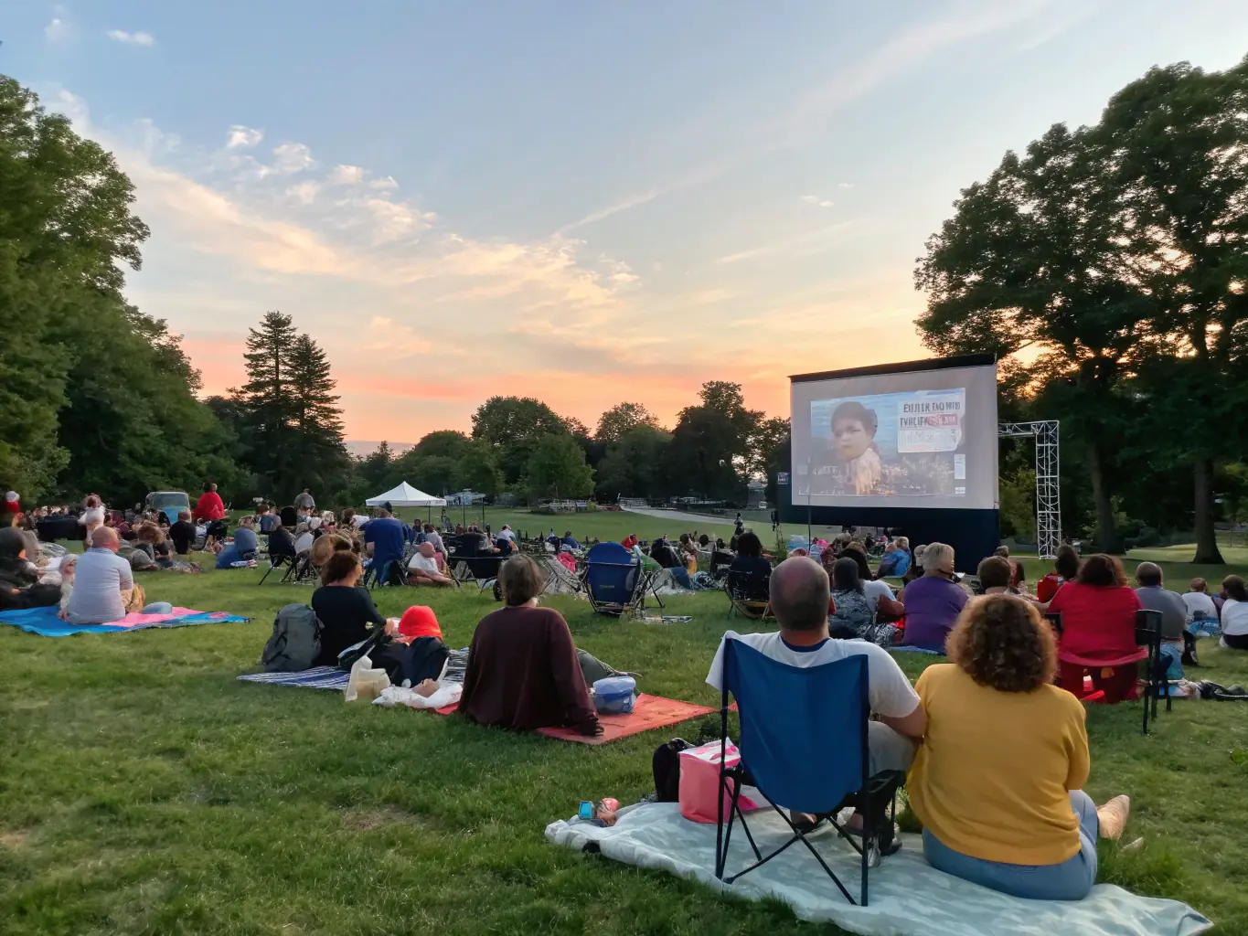 A vibrant image depicting a diverse group of people enjoying an outdoor film screening at a community event organized by ADAM ASSOC DIFFUSION AUDIO VISUEL ET MUSICALE. The atmosphere is lively and inclusive, showcasing the organization's commitment to accessible arts.