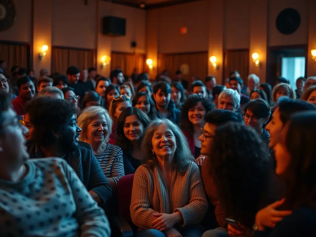 A vibrant image of a film screening event organized by ADAM ASSOC DIFFUSION AUDIO VISUEL ET MUSICALE, showing a diverse audience enjoying an independent film.