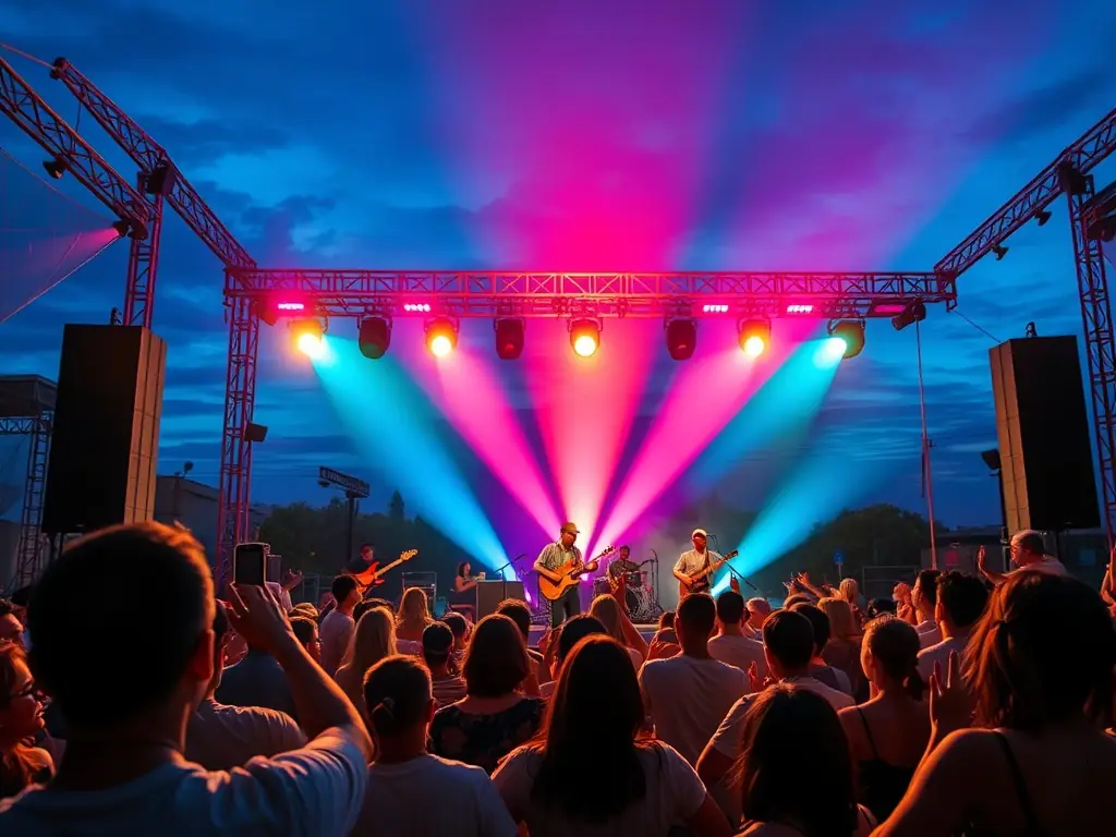 A dynamic image of a live concert organized by ADAM ASSOC DIFFUSION AUDIO VISUEL ET MUSICALE, featuring local musicians performing for an enthusiastic crowd.