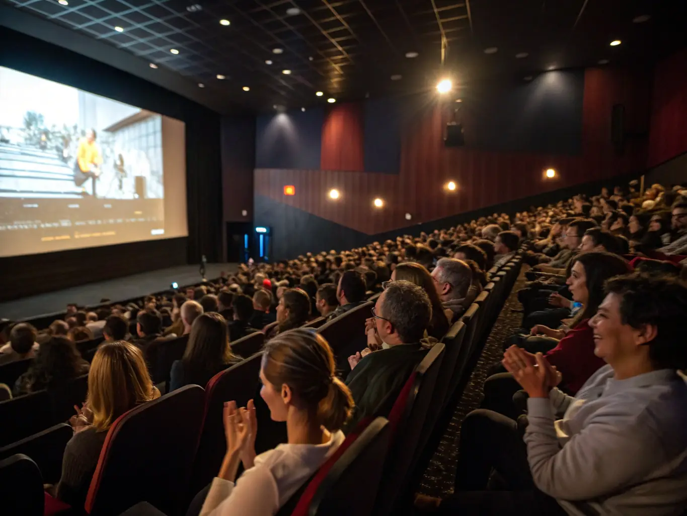 A vibrant image depicting a film screening event organized by ADAM ASSOC DIFFUSION AUDIO VISUEL ET MUSICALE, showcasing a diverse audience enjoying an independent film.