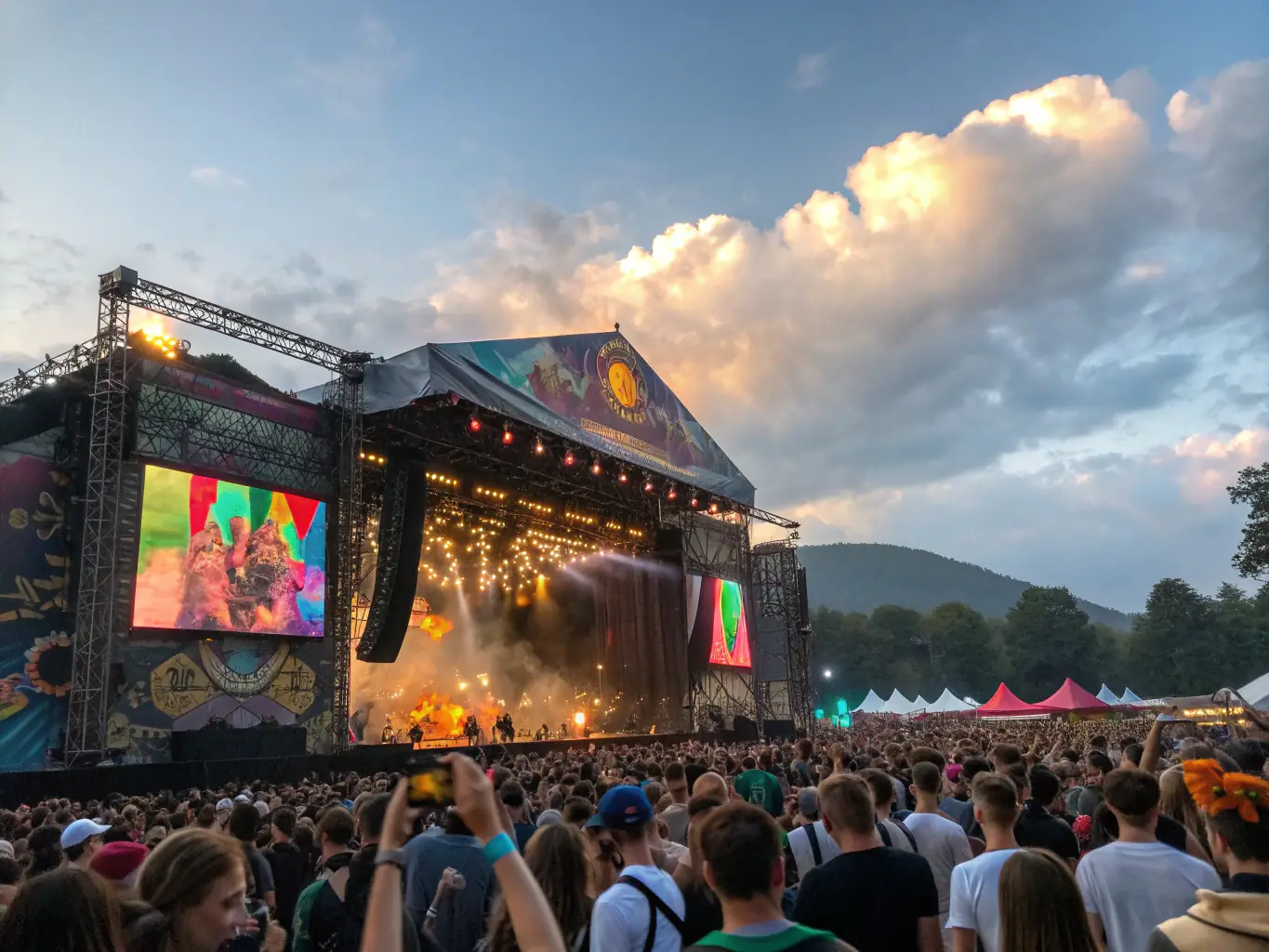 A dynamic image capturing a live concert performance organized by ADAM ASSOC DIFFUSION AUDIO VISUEL ET MUSICALE, featuring local musicians and a lively audience.