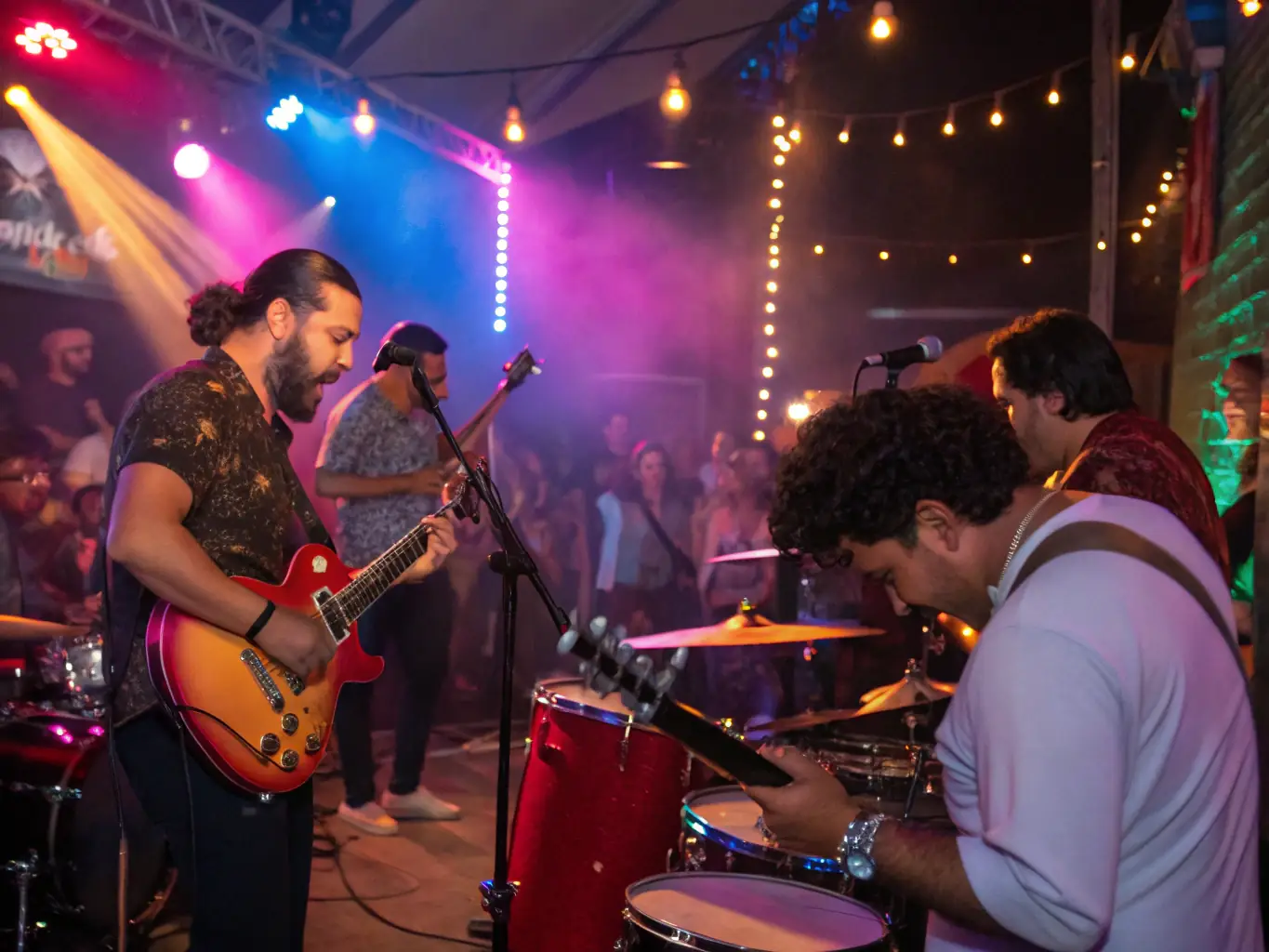 A dynamic image capturing a live musical performance during a concert organized by ADAM ASSOC DIFFUSION AUDIO VISUEL ET MUSICALE. The musicians are passionately performing, and the audience is engaged, reflecting the energy and excitement of the event.