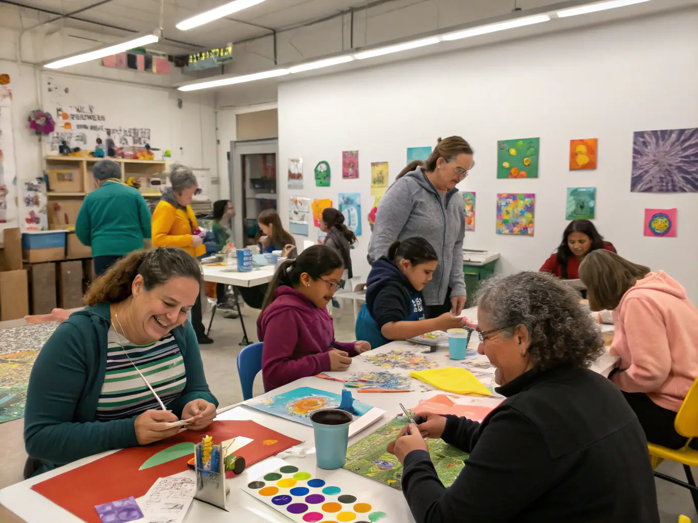 An engaging image of a community arts workshop facilitated by ADAM ASSOC DIFFUSION AUDIO VISUEL ET MUSICALE, showing participants of all ages creating art together.